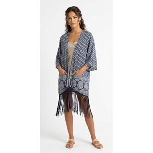 PREMISE Women's Kimono With Fringe ONE SIZE Polyester Viscose Navy White Black
